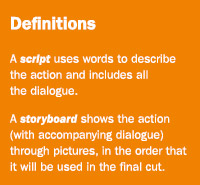 Definitions: A script uses words to describe the action and includes all the dialogue; A storyboard shows the action (with accompaning dialogue) through pictures, in the order that it will be used in the final cut.