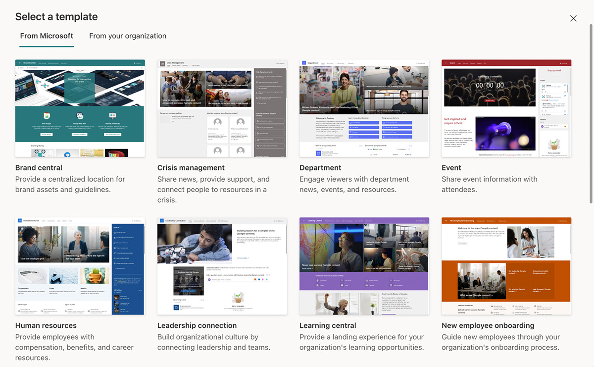 SharePoint Communication site template choices